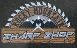 Rocky Mountain Sharp Shop logo: a saw-blade arch over mountains and crossed knives
